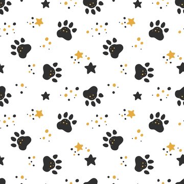 Seamless pattern with paws. Cute cartoon stars and footprints. Scrapbook printable paper. Baby animal. Baby shower gender neutral. Flat vector print for kids.