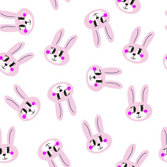 Seamless texture the head of a cute pink bunny with bright cheeks on a transparent background, vector. 