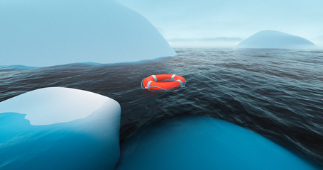 Life buoy near iceberg in arctic sea. Antarctica expedition. Life preserver ring and glacier in water. Global warming. Arctic exploration. Antarctica explorer. © xyman