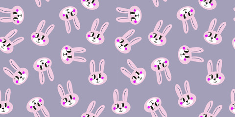 Seamless texture the head of a cute pink bunny with bright cheeks on a purple background, vector.