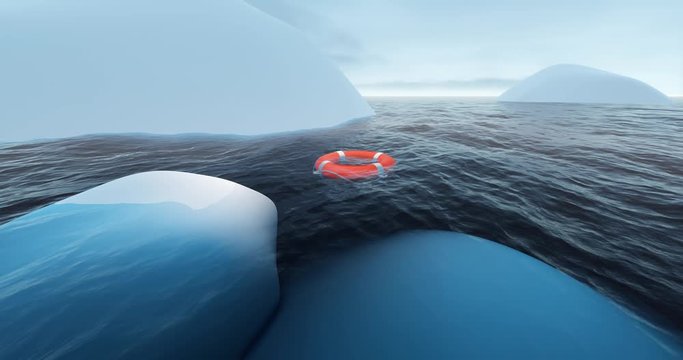 Life buoy near iceberg in arctic sea. Antarctica expedition. Life preserver ring and glacier in water. Global warming. Arctic exploration. Antarctica explorer.