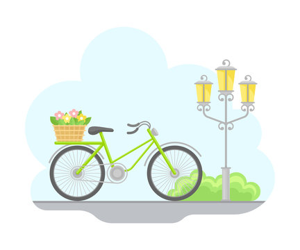 Paris Street View with Streetlight and Bicycle with Flowers in Basket Vector Illustration