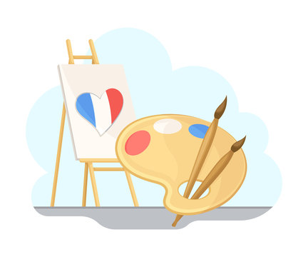 Drawing Easel with France Flag Colored Heart and Palette Vector Set