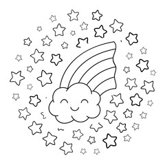 Coloring pages, black and white cute kawaii hand drawn rainbow doodles, circle print, print