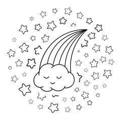 Coloring pages, black and white cute kawaii hand drawn rainbow doodles, circle print, print