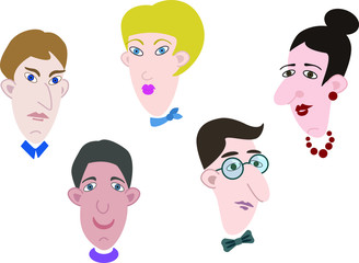 Vector set of human faces. Human faces with emotions. Vector flat design illustrations isolated on white background.