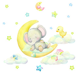Cute baby elephant, sleeping on the moon, against the background of clouds of stars. Watercolor clip art on an isolated background.