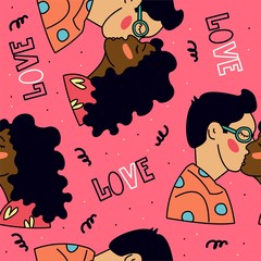 Seamless vector pattern background with lovers. Cartoon illustration for Valentine's day. For textiles, cover art, or fabric. - 351158802