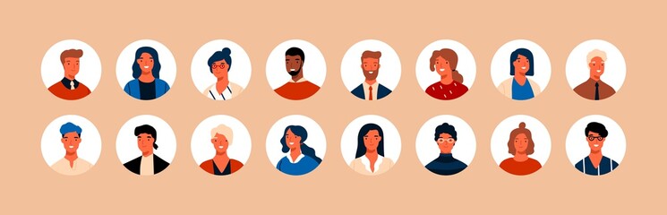 Set different person portrait of big diverse business team vector flat illustration. Collection of people avatars isolated. Bundle of joyful smiling colleagues. Man and woman faces at round frame