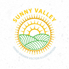 Sunny valley and vineyards hand drawn vector illustration. Nature and meadows. Landscape abstract sign.