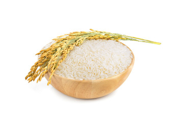 white rice (Thai Jasmine rice) in the wooden bowl and unmilled rice isolated on white background