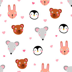 Kawaii animals seamless pattern. Cute rabbit, mouse, penguin, bear with funny face, hearts isolated on white background. Vector characters emoji, children's clothes prints, mascot wallpaper collection
