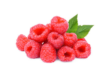 pile of fresh raspberry with leaf isolated on white background