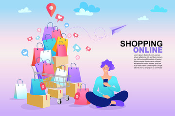 Shopping online concept. Colorful paper shopping bags in shopping trolley on bright background. Man use cellphone and holding shopping bags. Vector.