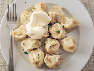 Portion of freshly cooked russian dumplings on a white plate, metal fork on a plate