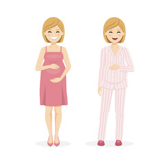 Beautiful pregnant woman with dress and pajama. Vector illustration