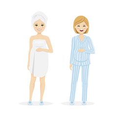 Beautiful pregnant woman with pajama and after shower. Vector illustration