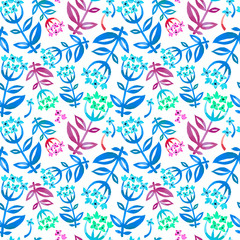 Fototapeta na wymiar Watercolor drawing,kreative flowers in Scandinavian style.Seamless pattern, blue flowerson white background. Fabric design, postcards, Wallpaper, wrapping paper.