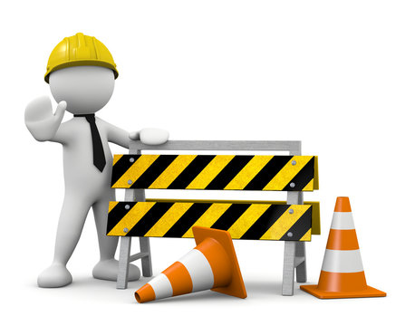 3d worker man with road barrier