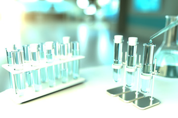 laboratory test-tubes in modern microbiology study clinic - drink water quality test for bacteria concept, medical 3D illustration