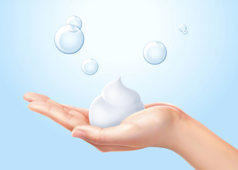 Cleaning hands with creamy foam