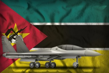 fighter, interceptor on the Mozambique state flag background. 3d Illustration