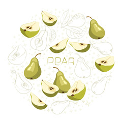 Bright vector set of colorful half, slice and whole of juicy pear.