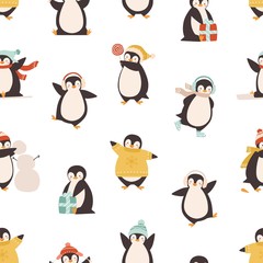 Funny polar penguin having fun seamless pattern. Cute arctic bird skating, sledding, dancing, hold gift and lollipop vector flat illustration. North animal in warm clothes on white background