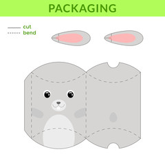 Adorable DIY party favor box for birthdays, baby showers with cute rabbit for sweets, candies, small presents, bakery. Printable color scheme. Print, cut out, fold, glue. Vector stock illustration. © Jexy