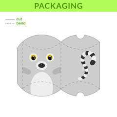 Adorable DIY party favor box for birthdays, baby showers with cute lemur for sweets, candies, small presents, bakery. Printable color scheme. Print, cut out, fold, glue. Vector stock illustration.