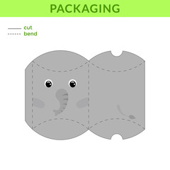 Adorable DIY party favor box for birthdays, baby showers with cute elephant for sweets, candies, small presents, bakery. Printable color scheme. Print, cut out, fold, glue. Vector stock illustration.