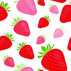 Seamless pattern delicious red strawberries, green leaves  with solid color and transparancy on a white background.