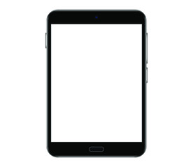 Realistic black tablet front perspective view with white touch screen.Template for infographics, presentation or mobile app. UI interface design. Stock vector illustration on white isolated bg.