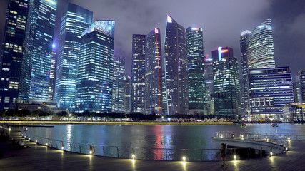Singapore Finance District City Skyline and Waterfront at Night