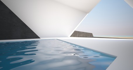 Abstract architectural minimalistic background. Modern villa made of black concrete. Сontemporary interior design. Pool patio view to the sea. 3D illustration and rendering.