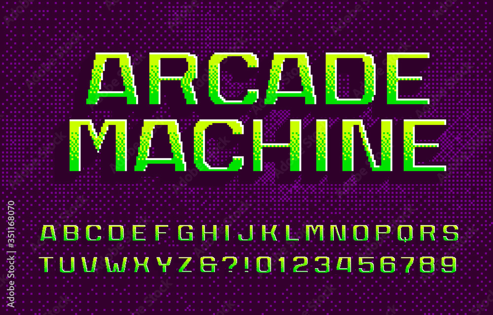 Fototapete arcade machine alphabet font. 3d digital letters and numbers. abstract pixel background. 80s arcade 
