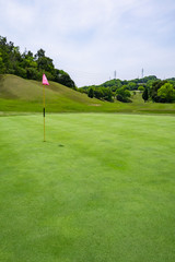 Obraz premium View of Golf Course with beautiful putting green. Golf course with a rich green turf beautiful scenery.
