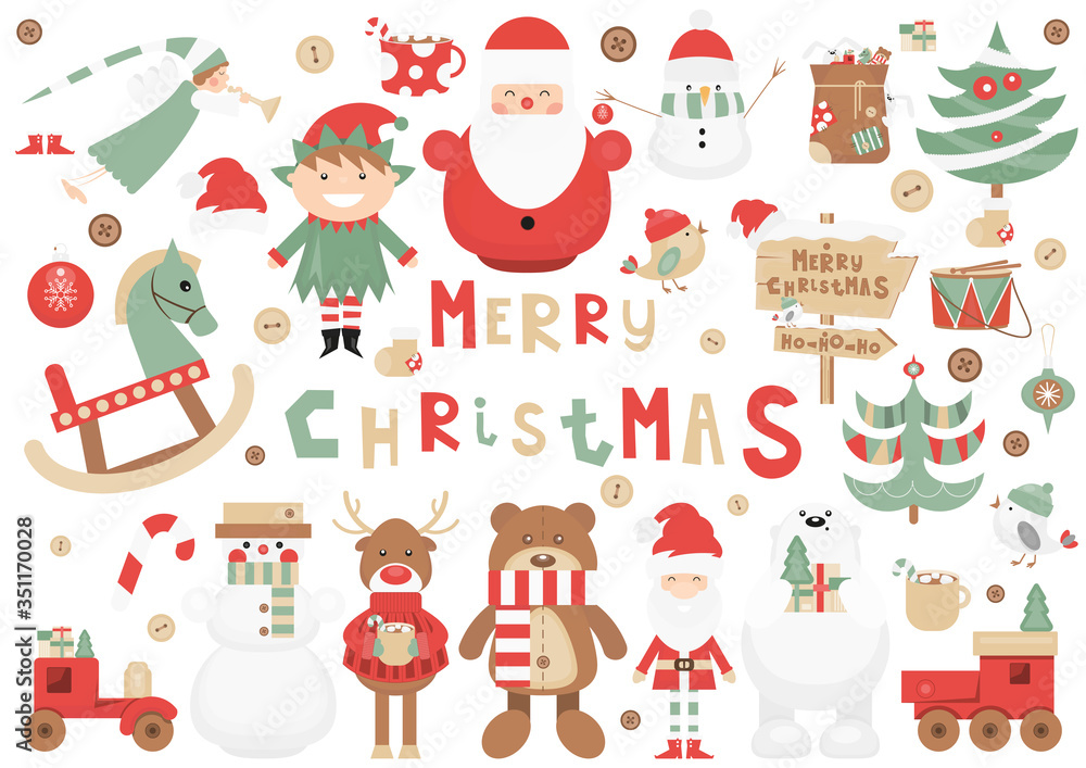 Sticker funny christmas characters set. cute santa, reindeer, snowman, bear, wooden toys, christmas trees. i