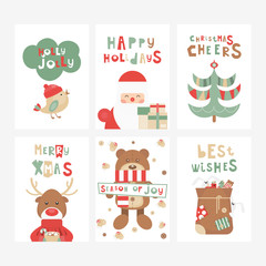 Christmas Greeting Cards or Posters Set - Cartoon Christmas Characters and Objects - Santa, Reindeer, Bear. Kids Illustration for Baby Clothes, Invitations,  Nursery Decor. Vector Illustration.