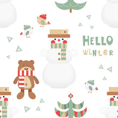 Christmas Seamless pattern - Cute Christmas Characters and Objects - Snowman, Bear, Tree, Birds. Xmas background. Vector Print for Wallpaper, Packing. Don't contain clipping mask and gradient.