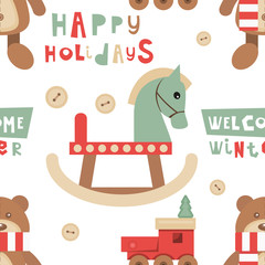 Christmas Seamless pattern. Cute Christmas Characters and Objects - Wooden Toys, Lettering. Xmas background. Vector Print for Wallpaper, Packing. Don't contain clipping mask and gradient.