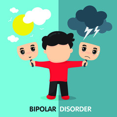 Split face double personality bipolar sad and happy man in sun and cloudy storm sky.