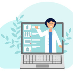 Fototapeta na wymiar Online pharmacy, specialist consultation, color vector illustration in flat style, blue background, design of articles, websites