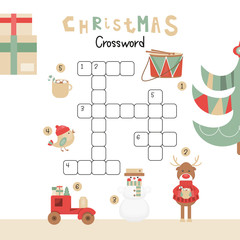 Fototapeta premium Christmas Kids Crossword in English. Puzzle Game with Cartoon Christmas Characters and Symbols - Snowman, Reindeer, Bird, Drum, Cacao. Games for Preschool, Kindergarten, School. Vector Illustration.