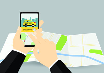 City Taxi Mobile Service.Yellow Car Sedan on Cityscape. Modern Smartphone in Arm with Route Gps Destination Point on Map.