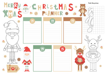 Christmas Kids Planner Template. Schedule for Children. Set of Kids Puzzles for Preschool, Kindergarten, School. Vector illustration. Cute Xmas Characters and Objects. From December 21 to 25.