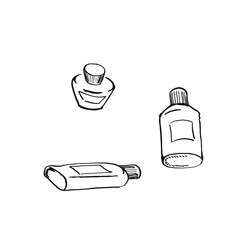 set of small bottles black sketch hand drawn closeup isolated on white background