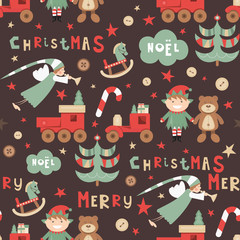Christmas Seamless pattern. Cute Christmas Characters and Objects - Angel, Elf, Bear, Tree, Toys. Xmas Retro background. Vector Print for Wallpaper, Packing. Don't contain clipping mask and gradient.