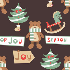 Christmas Seamless pattern. Cute Christmas Characters and Objects - Bear Toy, Trees, Wooden Horse. Xmas Retro background. Vector Print for Wallpaper, Packing. Don't contain clipping mask and gradient.