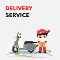 Order delivery online. Shipment tracking system mobile delivery man motorcycle fast shipping urban landscape.